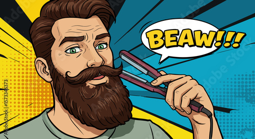 Man Styling Mustache with Mini Hair Straightener A Pop Art Guide to Perfect Facial Hair