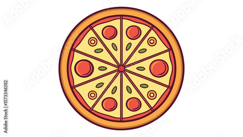 Stylized illustration of a whole pepperoni pizza with olives and cheese on a white background
