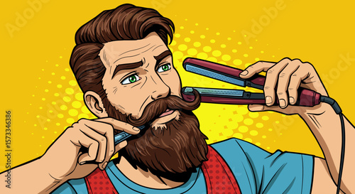 Man Styling His Beard and Mustache with a Straightening Iron A Pop Art Illustration