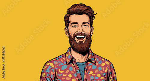 Joyful Man with Beard, Vibrant Shirt - Pop Art Style Illustration