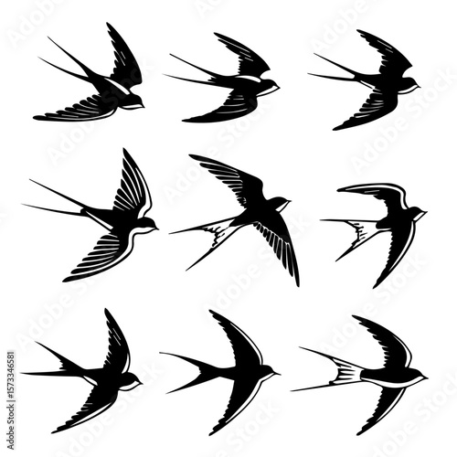 Flying Swallow Bird Silhouettes – Vector Clipart Set for Tattoos, Logos & Designs.