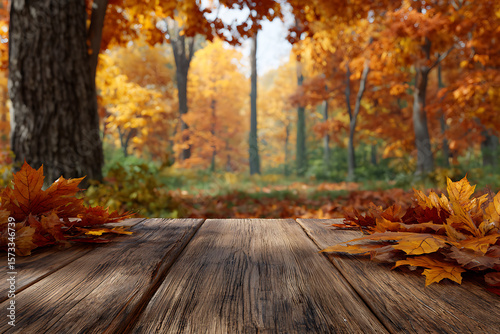 Rustic Wooden Table Autumn Forest Background Orange Brown Maple Leaves Fall Season Nature Scene woods