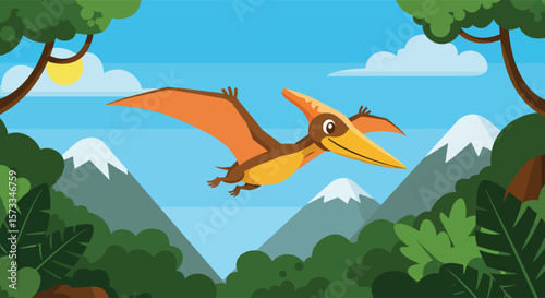 Cute Cartoon Pterodactyl Flying Over Mountains in Flat Vector Illustration