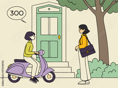 Two young women in casual outfits interacting in city street near scooters and doorways