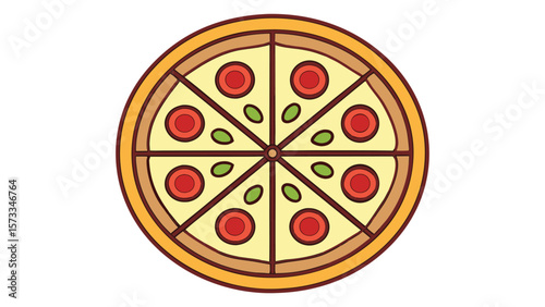 Stylized flat design pizza slice with pepperoni and olives isolated on white