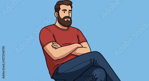 Thoughtful Man with Beard, Sitting with Crossed Arms Illustration