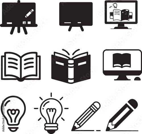 Education Icons Books, Blackboard, Lightbulb, Pencil - Vector Graphics
