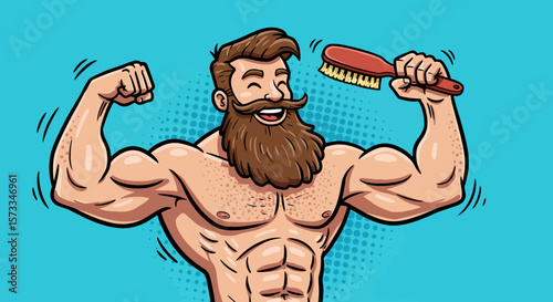 Strong Man with a Magnificent Beard, Proudly Showing Off His Grooming Routine
