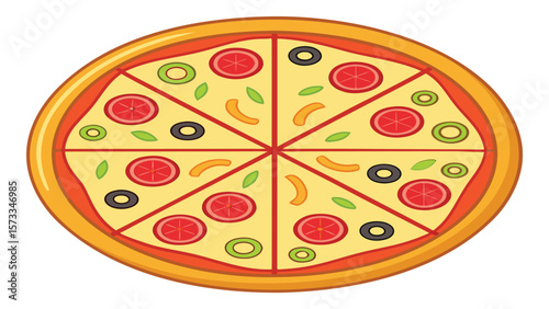 Flat design illustration of a delicious pizza with tomato olives and basil toppings