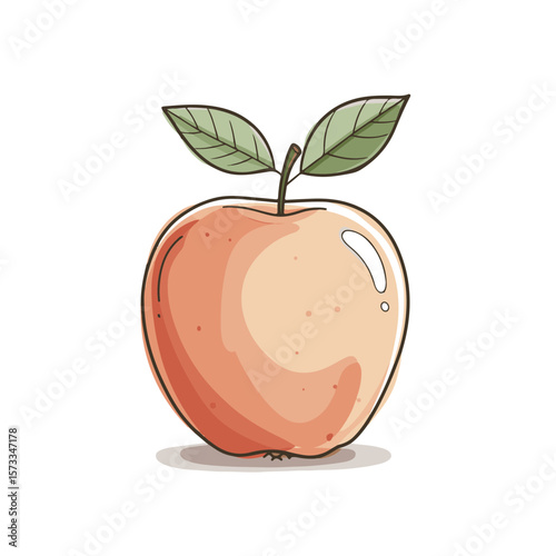 Fresh peach illustration with green leaves and glossy surface  