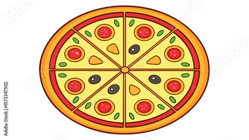 Flat design illustration of a delicious pizza with tomato olives and basil toppings