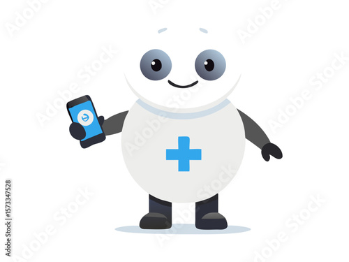 Cute humanoid robot illustration holding balloon with warm playful pose and minimal color palette