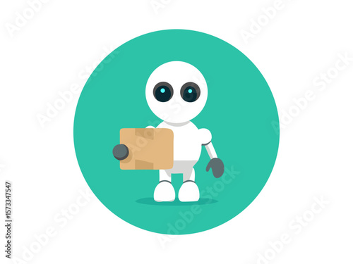 Adorable white robot holding pink heart-shaped balloon standing on light grey background smiling softly