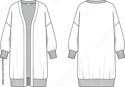Elegant Long Cardigan with Ribbed Hem, Minimalist Casual Fashion Illustration for Designers