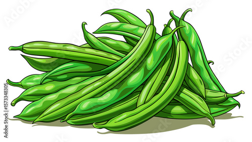   close up Tender organic green beans lie gently in a pile, thin and elegant, with slight bends and tips, showcasing freshness and detail ideal for vectorized vegetarian kitchen art. White background