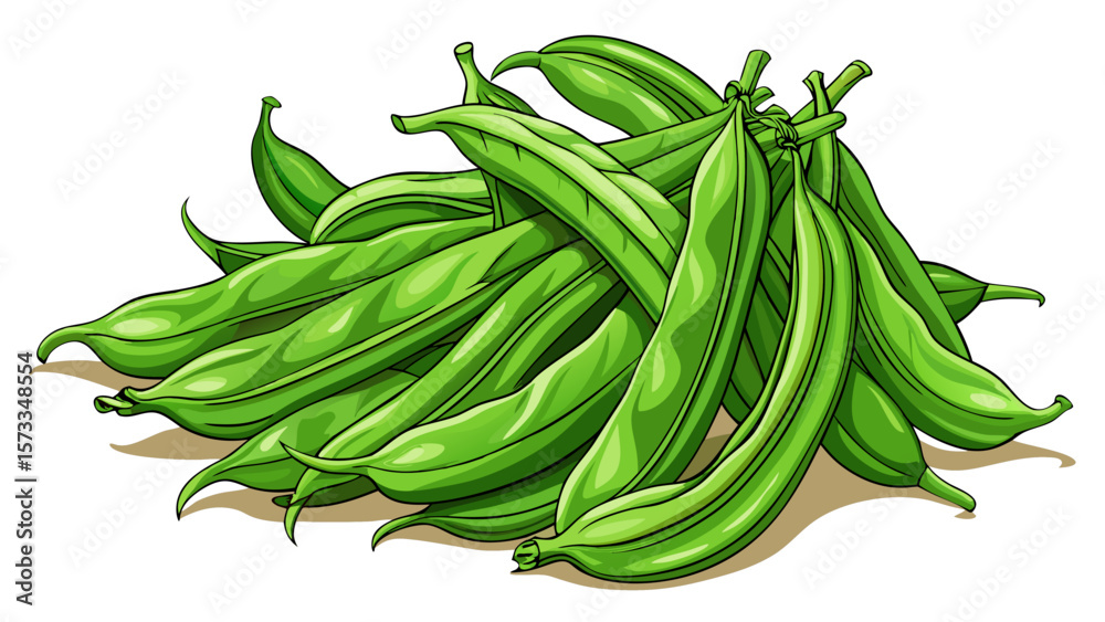   close up Tender organic green beans lie gently in a pile, thin and elegant, with slight bends and tips, showcasing freshness and detail ideal for vectorized vegetarian kitchen art. White background