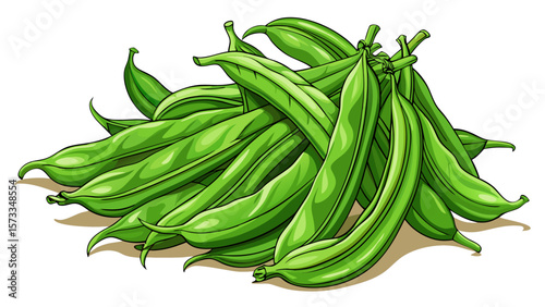   close up Tender organic green beans lie gently in a pile, thin and elegant, with slight bends and tips, showcasing freshness and detail ideal for vectorized vegetarian kitchen art. White background