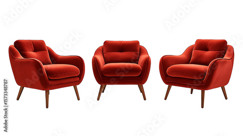 Modern red Velvet Armchair with Tufted Back and Slim Wooden Legs for Stylish Interiors