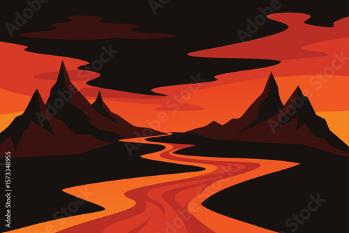 Volcanic Landscape with Lava Rivers and Dark Rocky Terrain