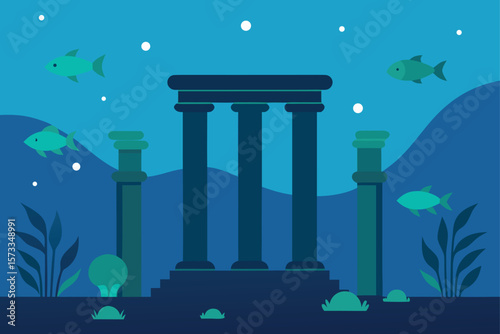Underwater Ruins with Ancient Columns and Drifting Sand