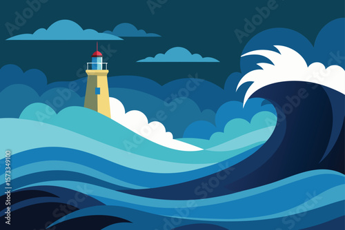 Stormy Sea Landscape with Giant Waves and Lighthouse