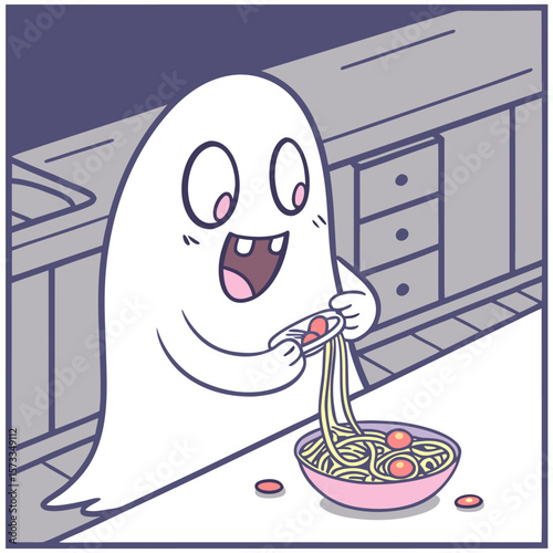 A cartoon ghost happily eats spaghetti with meatballs in a kitchen with cabinets and a sink shown
