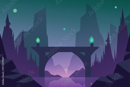 Mystical Canyon Bridge with Glowing Runes and Fog