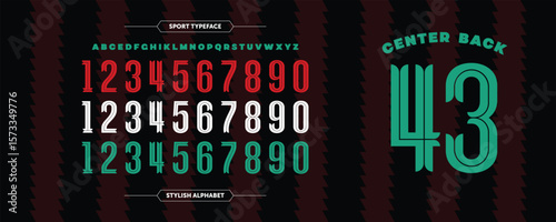 Center Back 43: bold striped typography inspired by classic jerseys in green, red, and white. Includes alphabet and numbers for creating sporty, custom uniform-style visuals.
