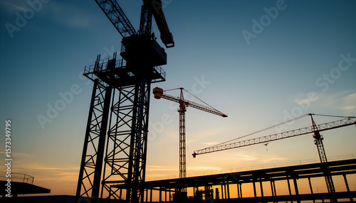 Construction site with steel framework and crane against sunset, symbolizing industrial progress and golden hour warmth.