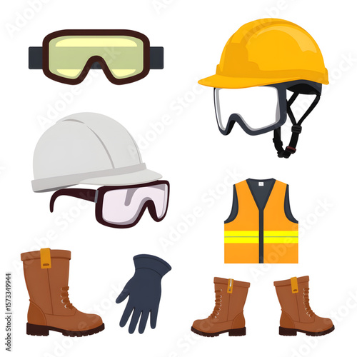 Safety equipment including helmets, goggles, gloves, and boots  