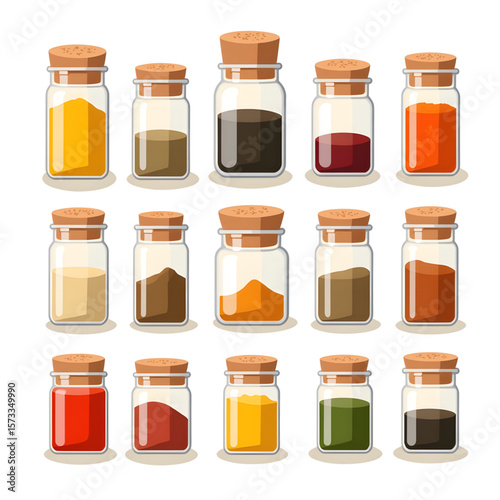 Various spice jars with cork lids arranged in a grid layout  