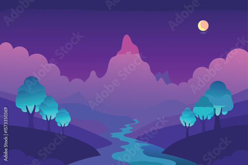 Dreamlike Valley with Glowing Trees and Fog Clouds