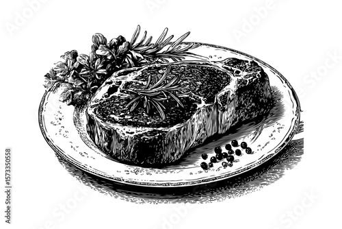 Juicy grilled steak served with rosemary, parsley, and peppercorns in detailed engraving style on white background, concept of gourmet food