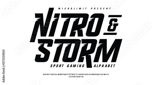 Nitro and Storm: a slanted modern sport typeface with strong motion and urban style. Includes full A–Z alphabet and numbers. Ideal for e-sports branding, race designs, and team apparel.