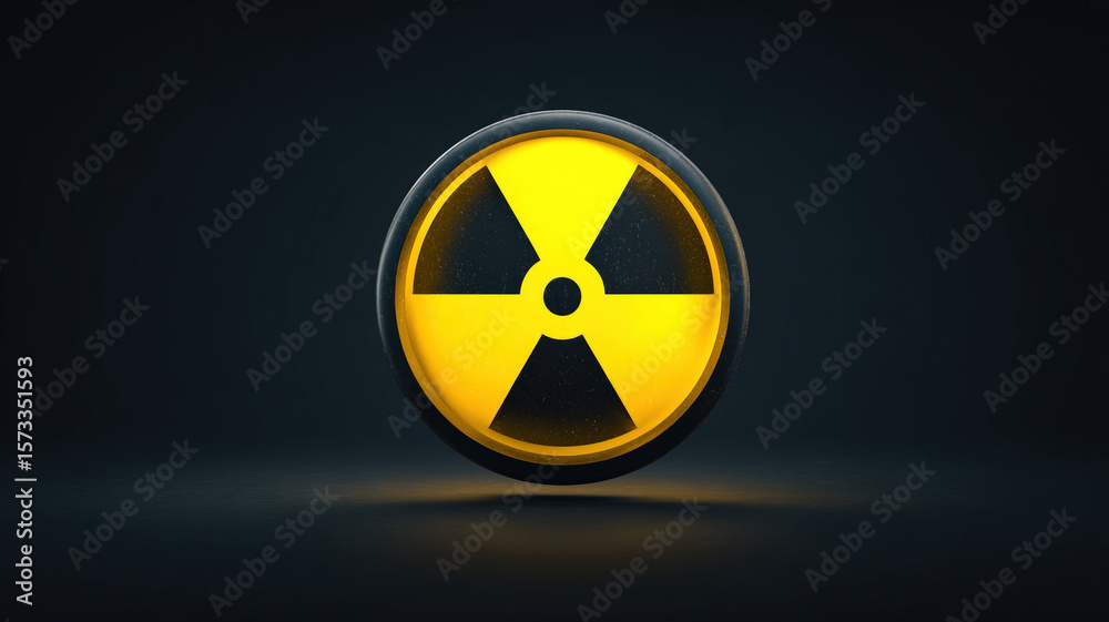 Fototapeta premium Glowing Yellow Radiation Symbol With Neon Effect And Reflection On Dark Surface Creating Dramatic Warning