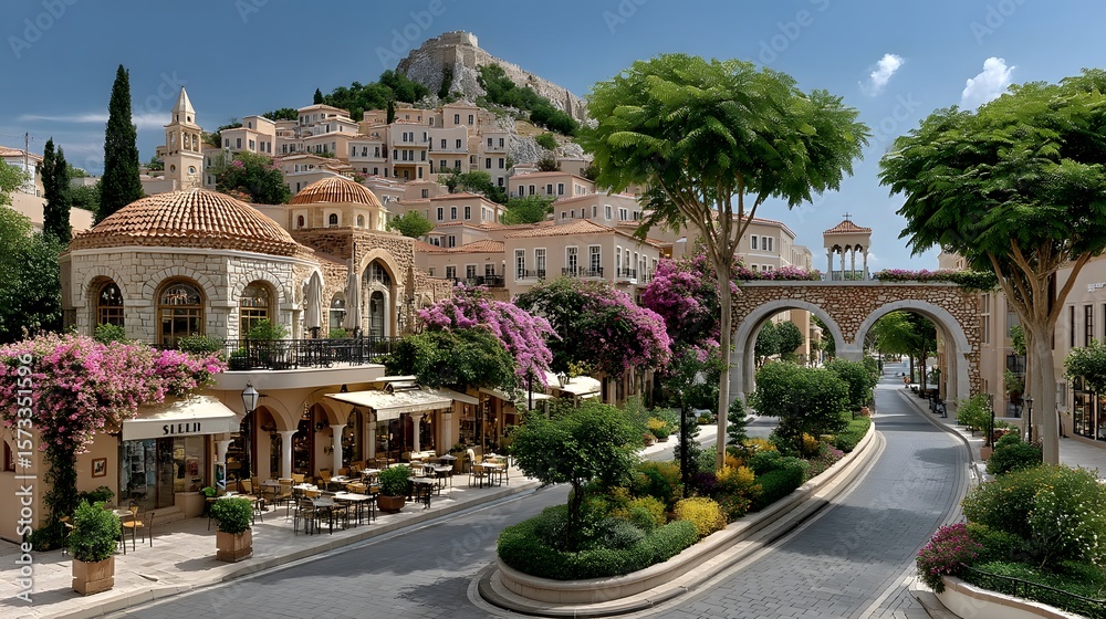 Obraz premium White church dome with mountain village high resolution photo