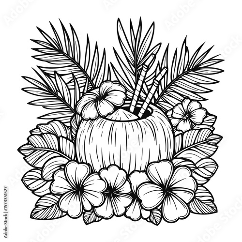 Tropical coconut drink with flowers and leaves
