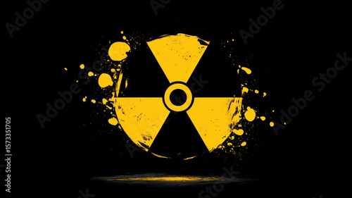 Cracked Yellow Radiation Symbol With Explosion Effect And Flying Particles On Black Background Creating Destruction