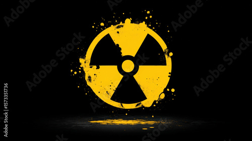 Cracked Yellow Radiation Symbol With Explosion Effect And Flying Particles On Black Background Creating Destruction