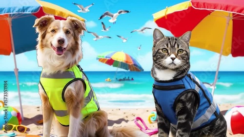Dog and cat wearing life vests sitting on a beach with seagulls and umbrellas in the background
