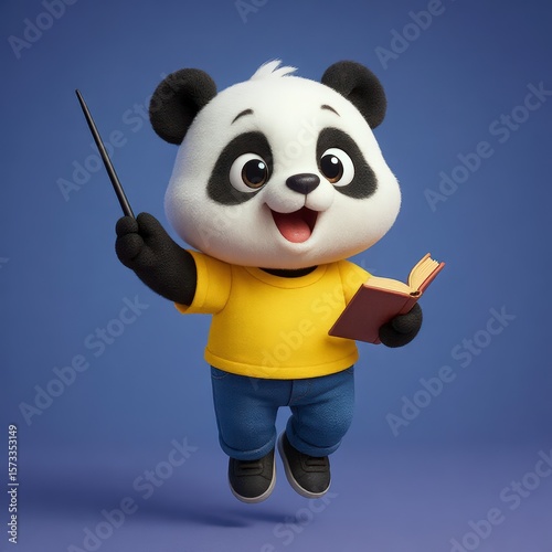 Cute 3D panda character teaching with a book and pointer jumping on a blue background