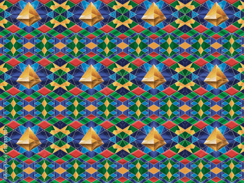 Colorful geometric pattern with golden pyramids seamless texture for designs.