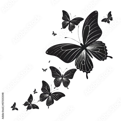 Flying black silhouettes of butterflies. Vector design element