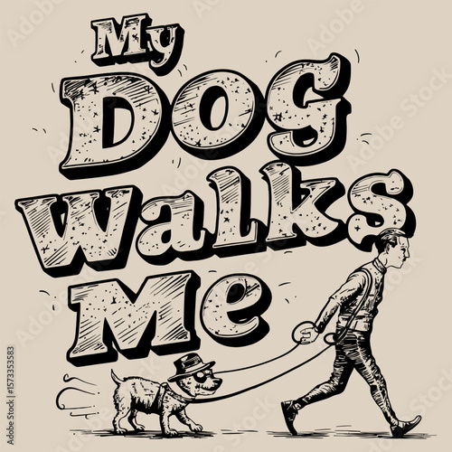 Vintage illustration of a dog walking a human in a humorous style..