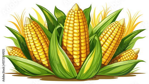   close up Golden organic corn on the cob, kernels glistening in neat rows, peeks from husks in a cozy, harvest-style composition evoking countryside charm and late summer abundance.. White background