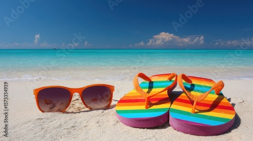 Colorful beach accessories on sand