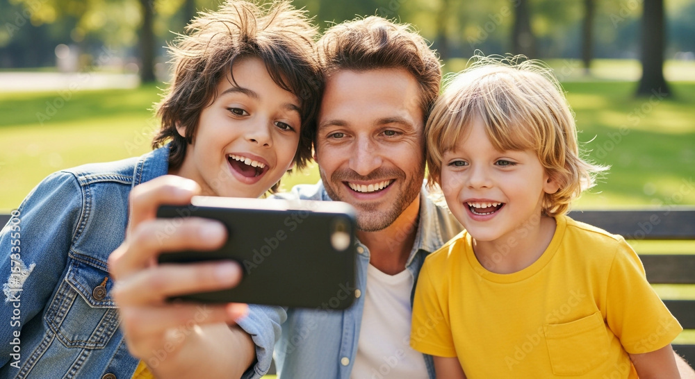 Fototapeta premium Dad Taking Selfie with Children on Father’s Day