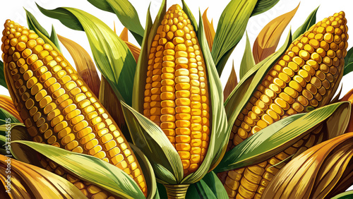   close up Golden organic corn on the cob, kernels glistening in neat rows, peeks from husks in a cozy, harvest-style composition evoking countryside charm and late summer abundance.. White background