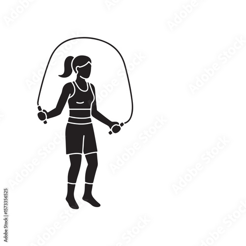 Solid silhouette displays woman using a jump rope for activity on transparent background
