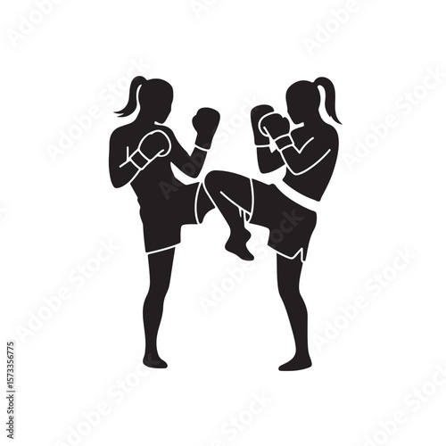 Two young women are practicing kickboxing while wearing gloves in a black silhouette